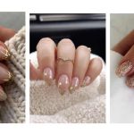 nude gold glitter nails on almond shaped and short rectangle nails