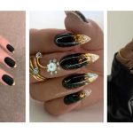 various black and gold nails in matte and glossy design