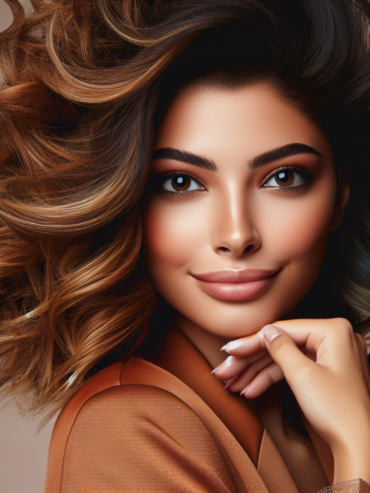 A confident Middle-Eastern woman with vibrantly styled hair, radiating satisfaction.